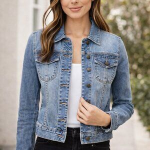 KUT from the Kloth Amelia Blue Jean Jacket Slightly Distressed Denim, Size S